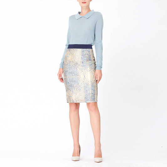 Smart Straight bi-material brocade skirt