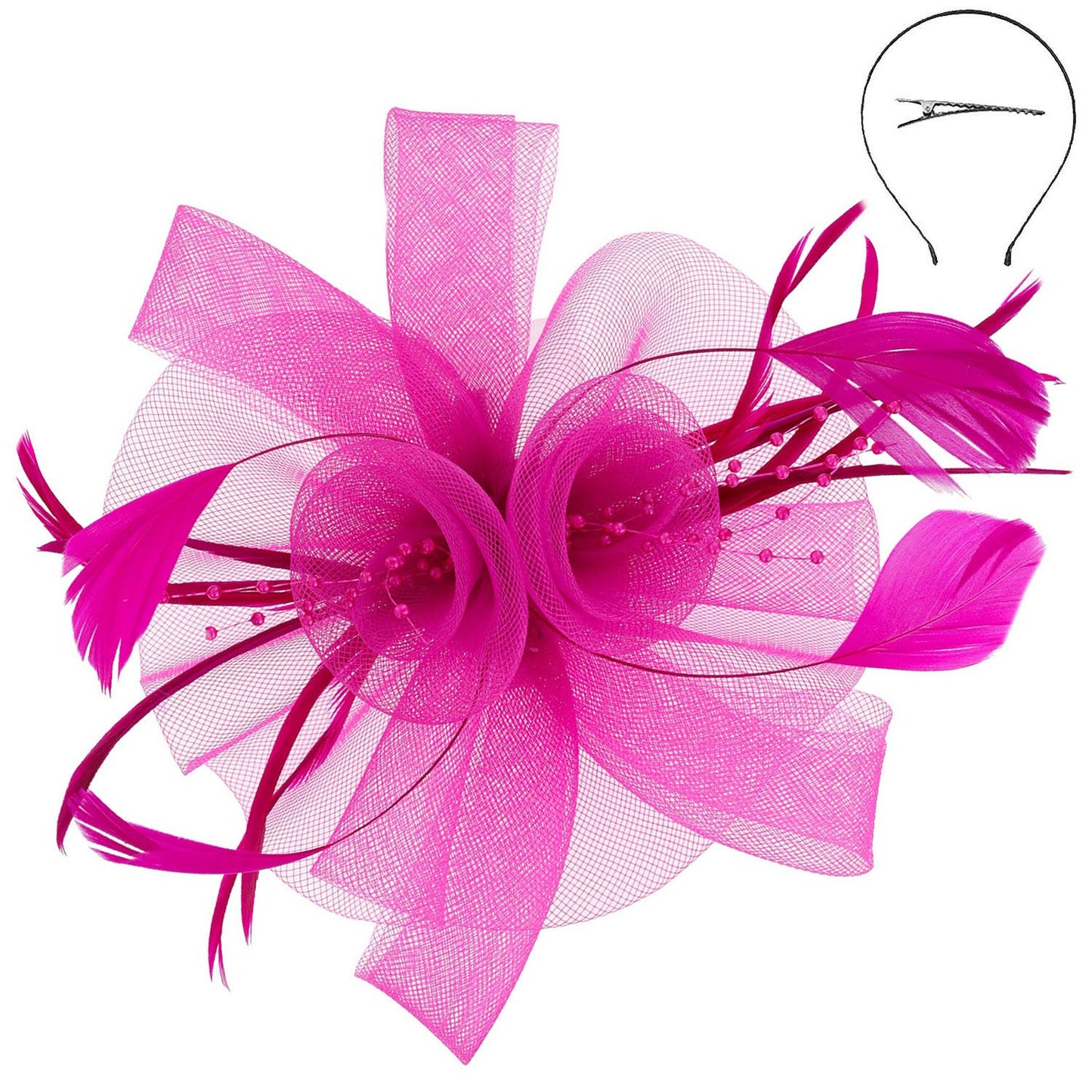 Sophia Feather & Double Floral Mesh Fascinator Headband/Clip