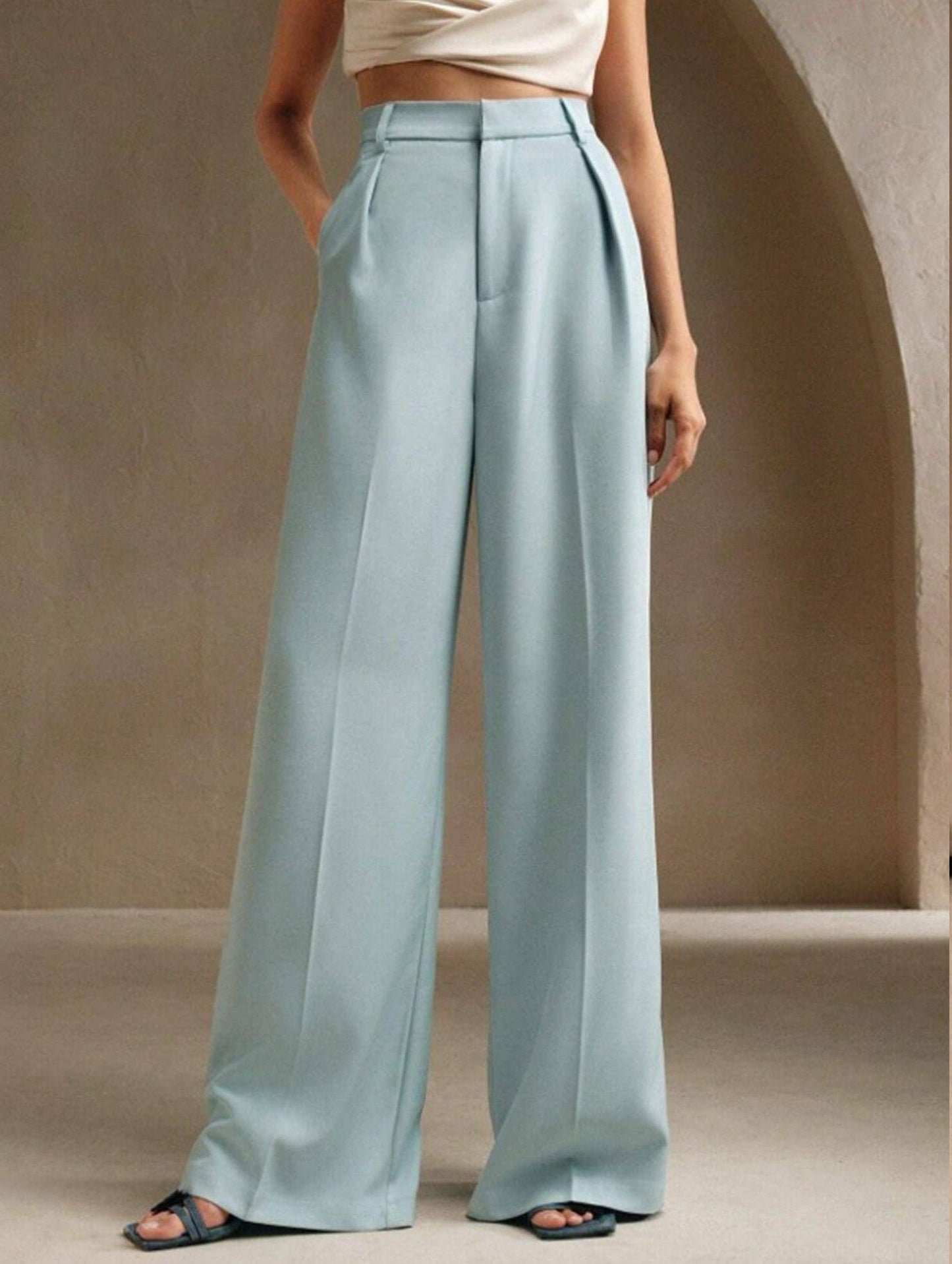 Lovene Casual loose high waist drape wide leg pants