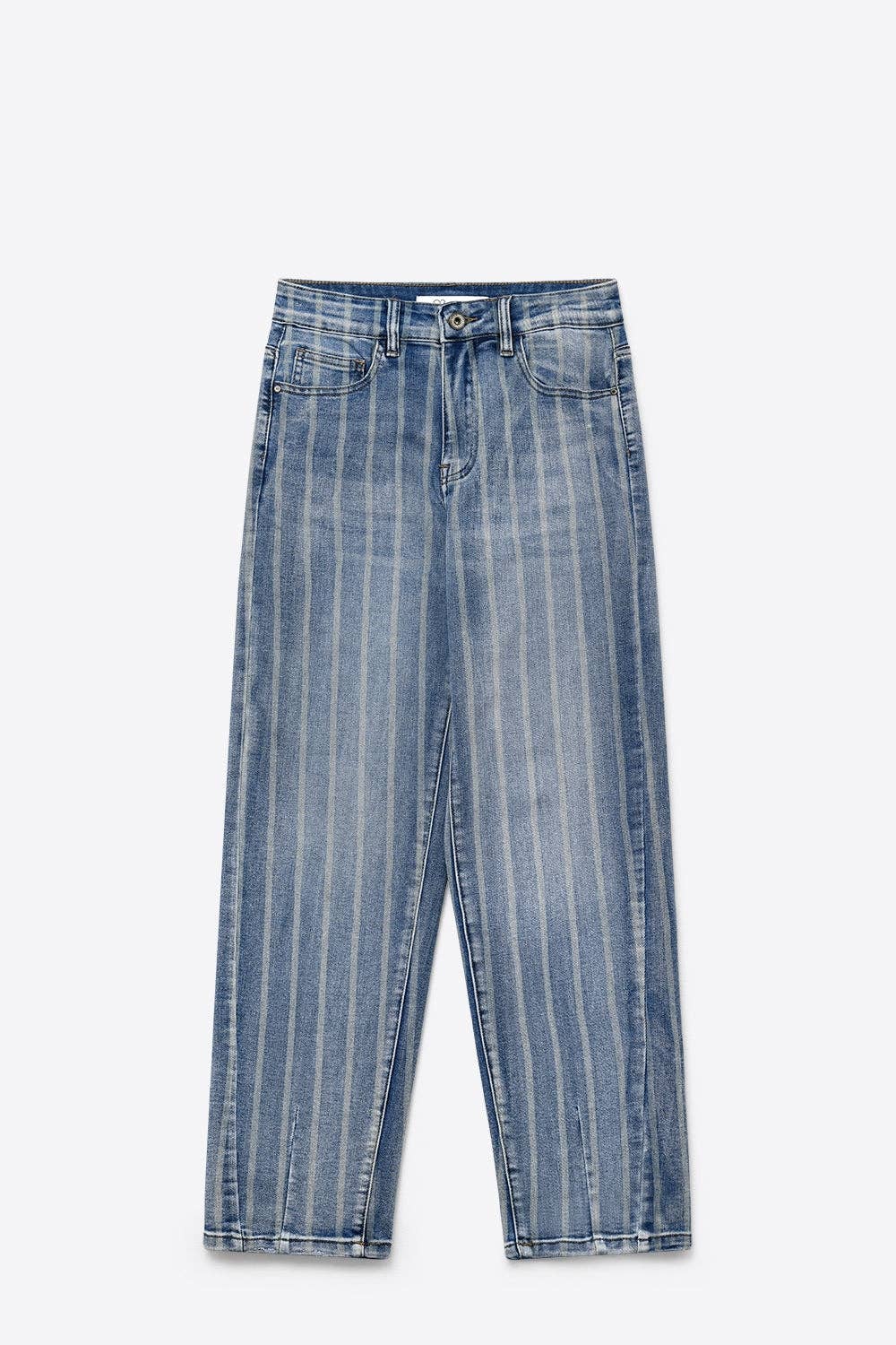 Q2 Stripe Design stretch Denim mom Leg Jeans in medium wash