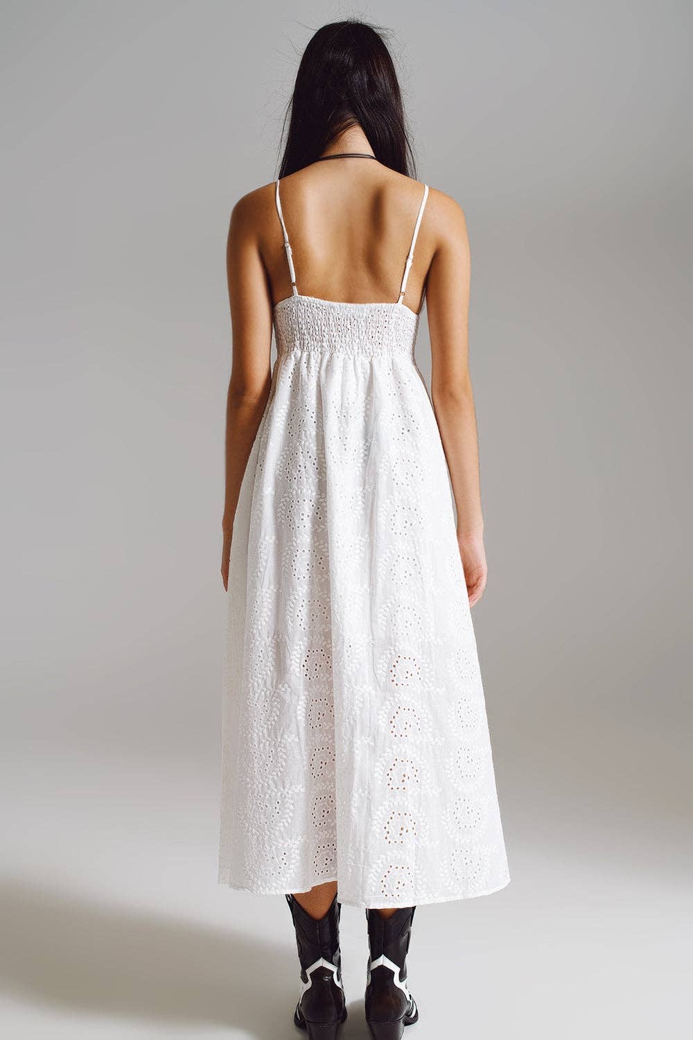 Q2 Long white crochet dress with fitted waist