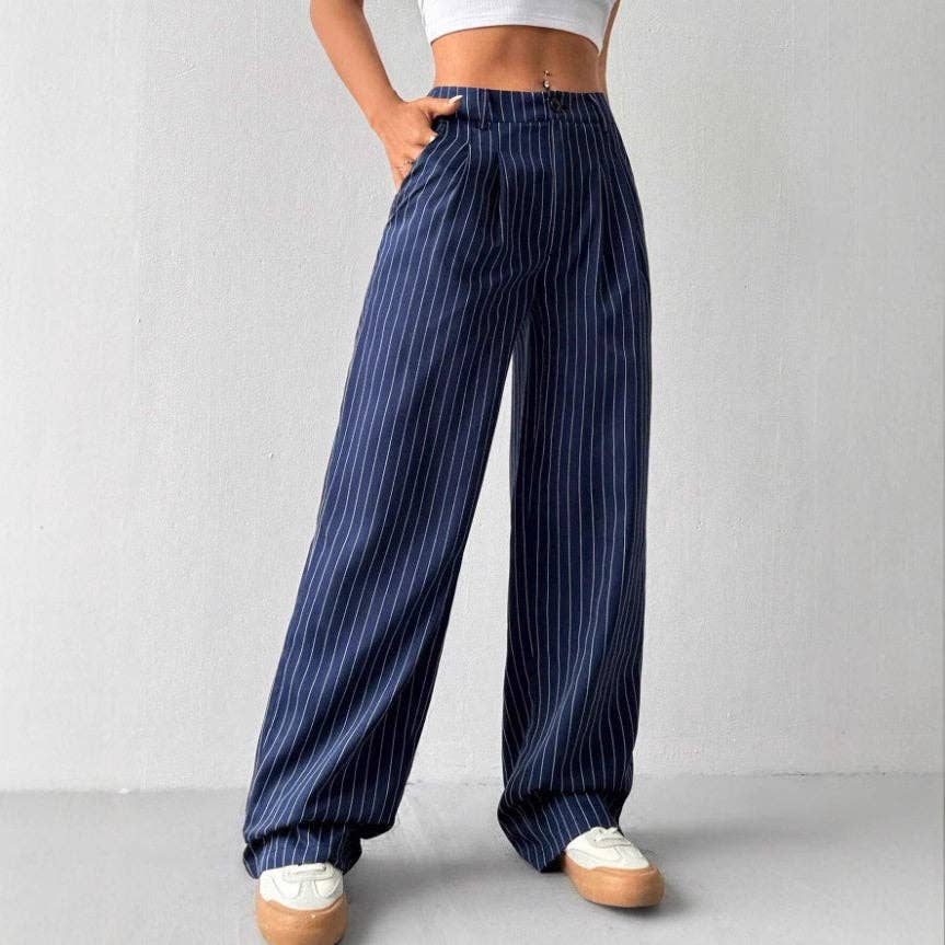 Blue Striped Wide Leg Pants For Casual And Commute Wear