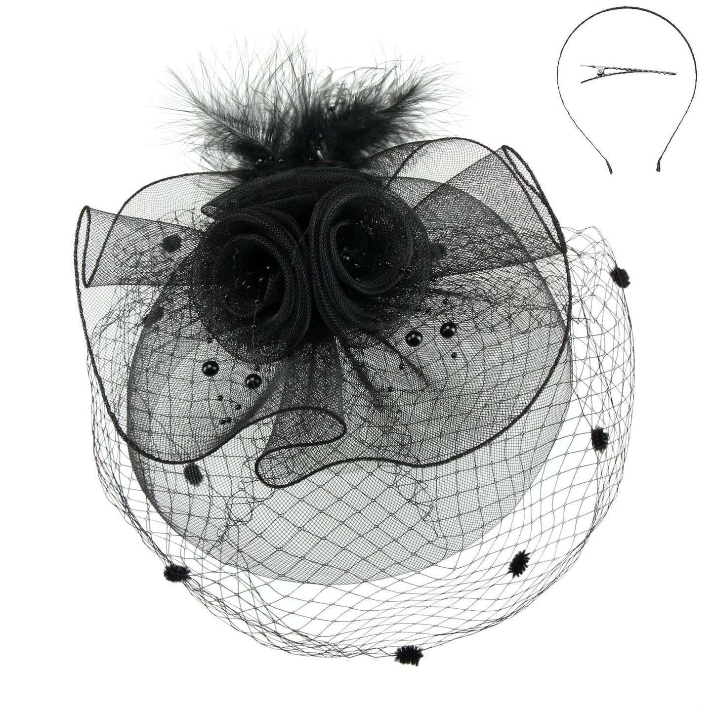 Sophia Double Rose Mesh w/ Dotted Veil & Feathers Fascinator