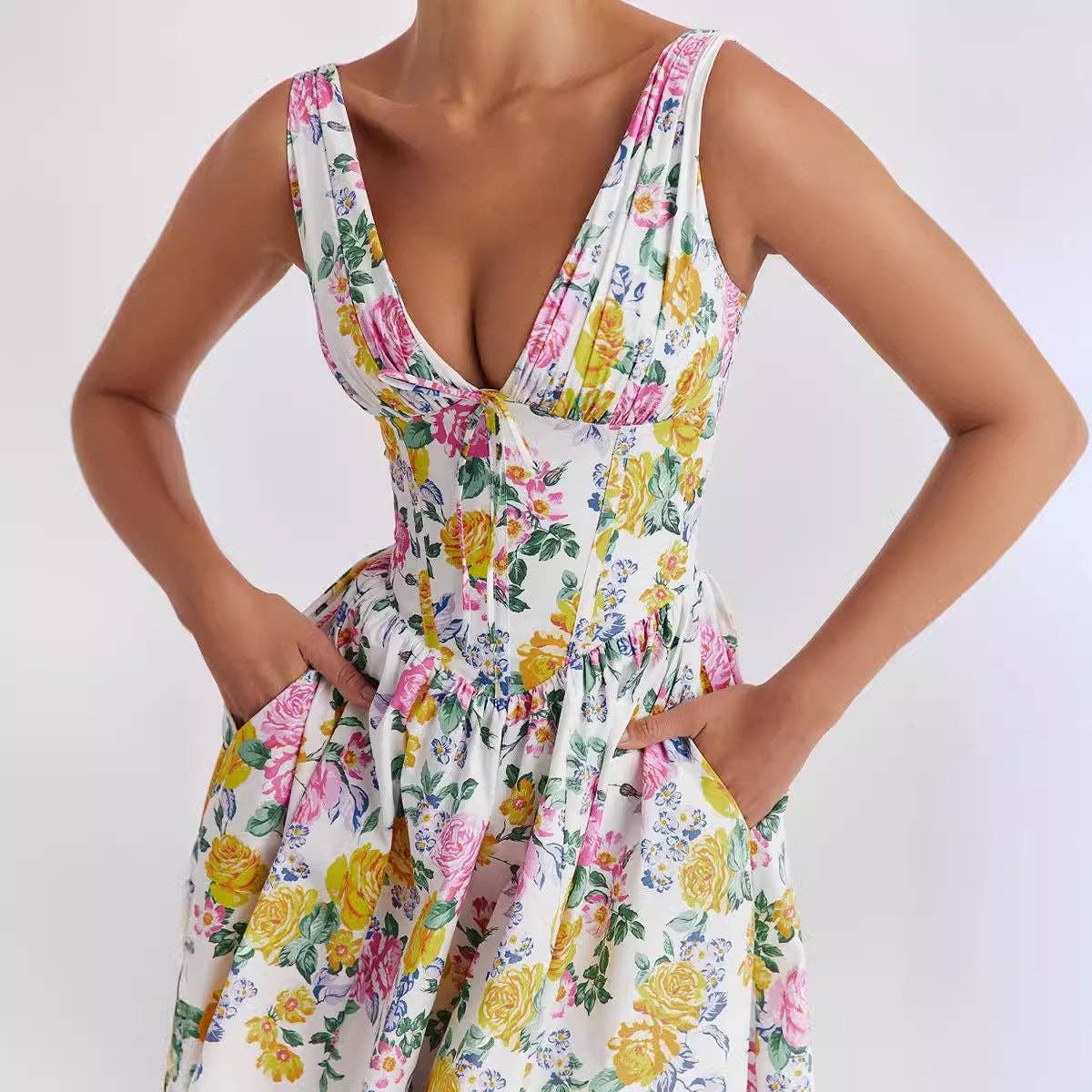 Floral V Neck Waist Cinch Sleeveless Midi Dress