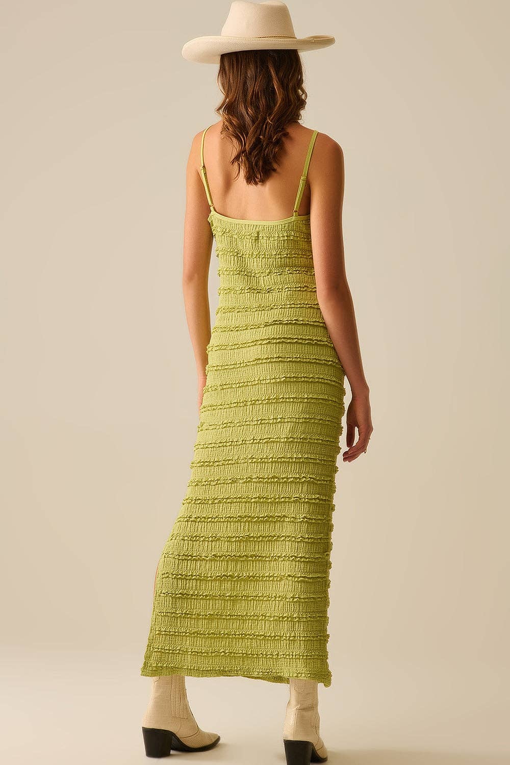 Q2 Ruffle Maxi Dress With Slit in Green color