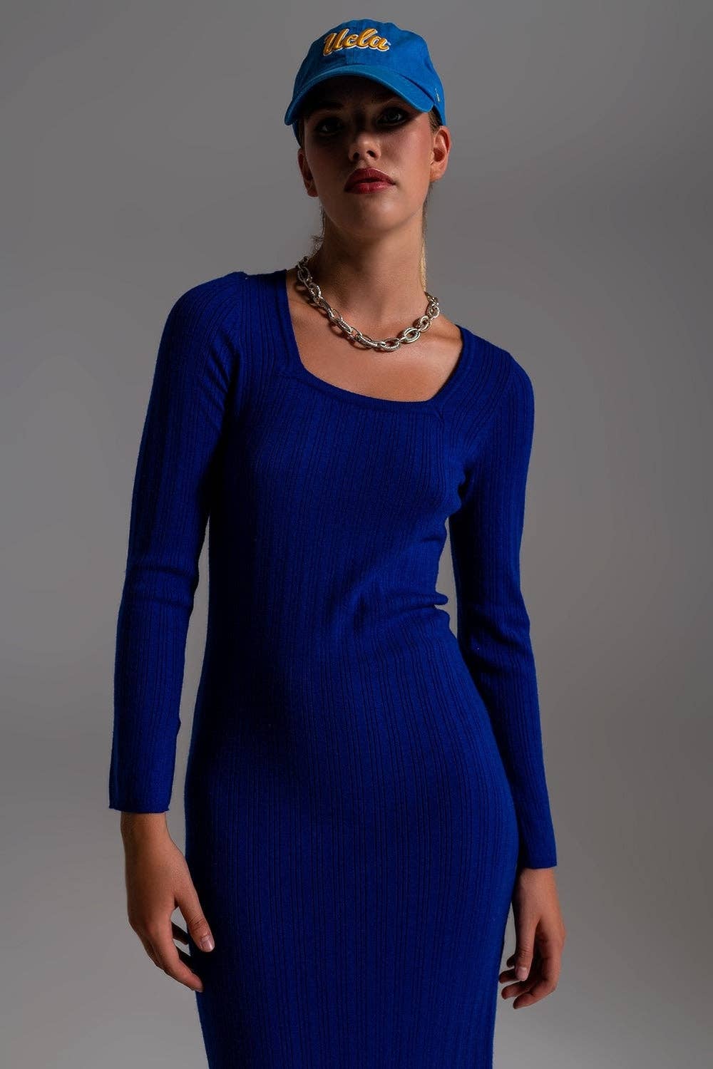 Q2 Midi Knit Dress With Square Neckline in Blue