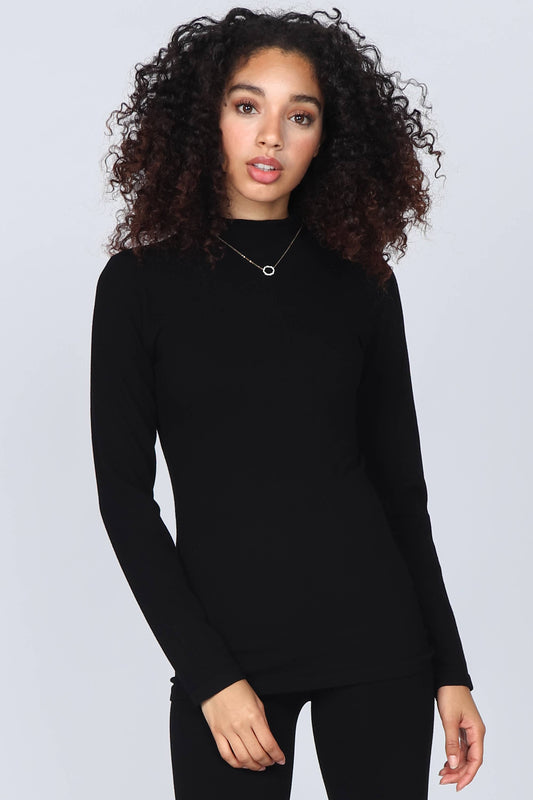 M.Rena Ribbed Mock Neck Long Sleeve Top Black