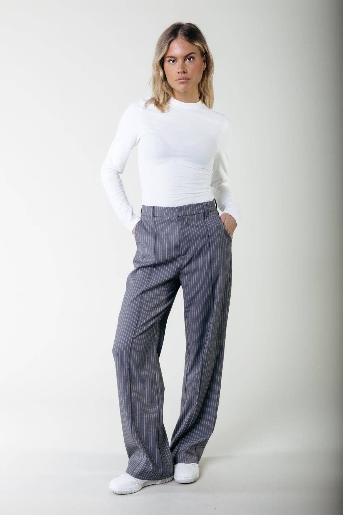 Colourful Rebel Rus Stripe Straight Pants Elastic Waistband | Dark grey