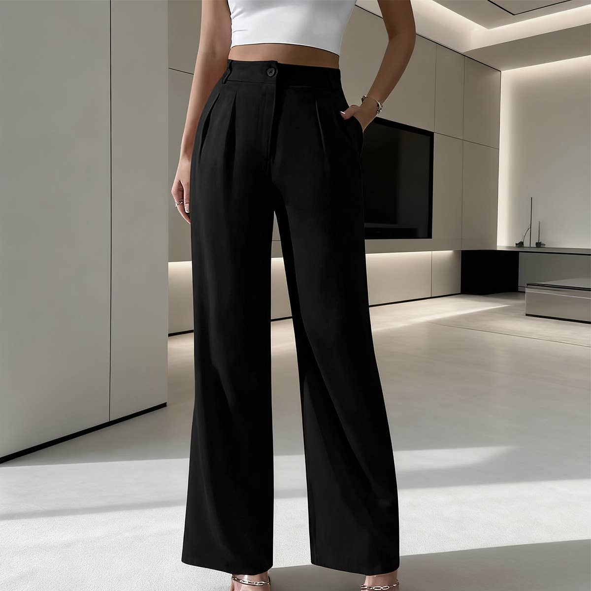Doublju Elegant solid color dangling wide-leg suit pants