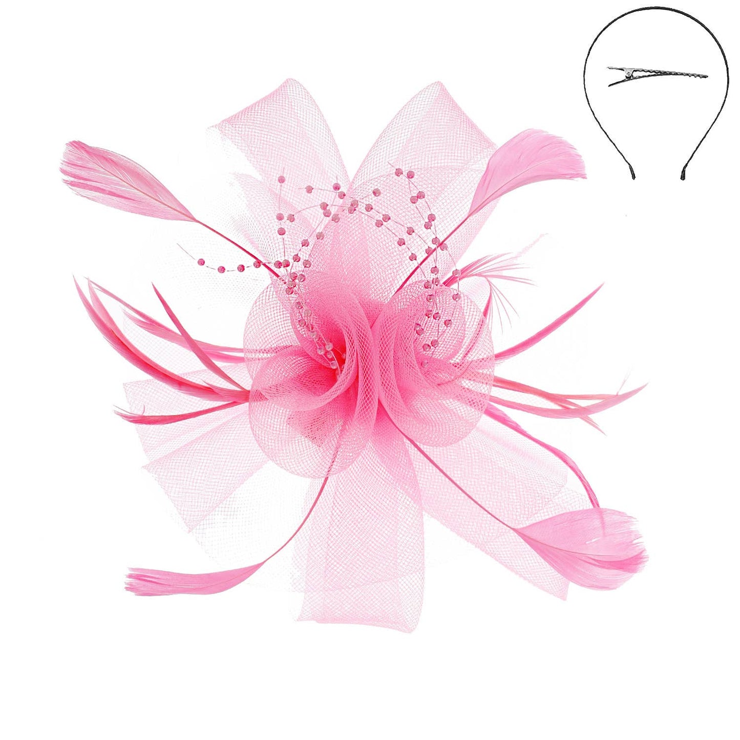 Sophia Feather & Double Floral Mesh Fascinator Headband/Clip