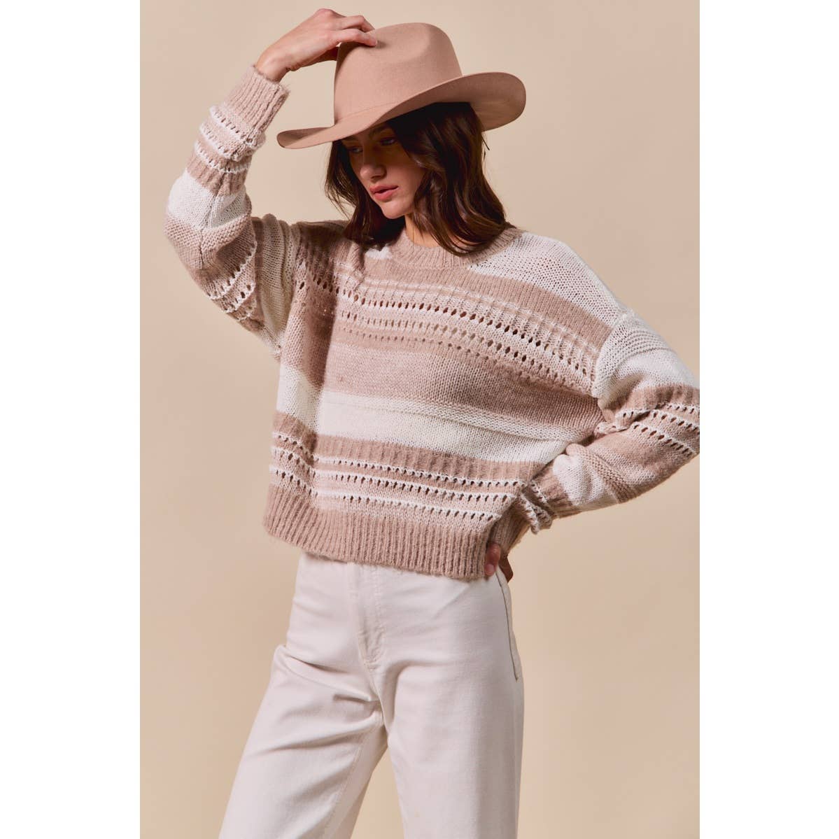 So Me VARIEGATED STRIPE TEXTURED LOOSE FIT SWEATER TOP