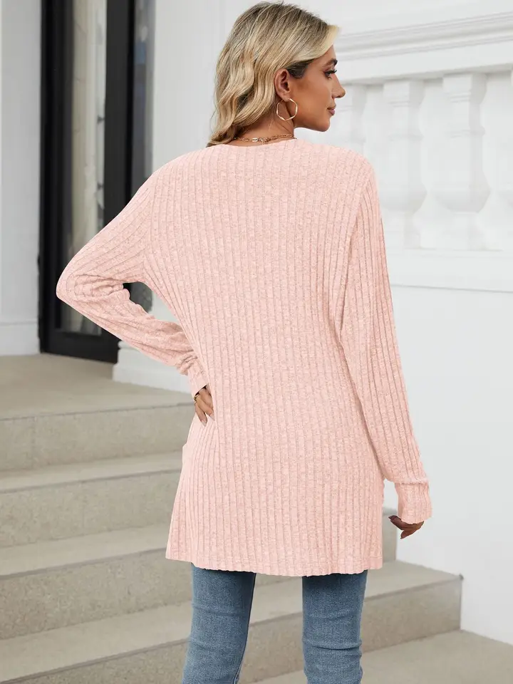 Lovesoft Solid Open Front Long Sleeve Ribbed Knit Cardigan