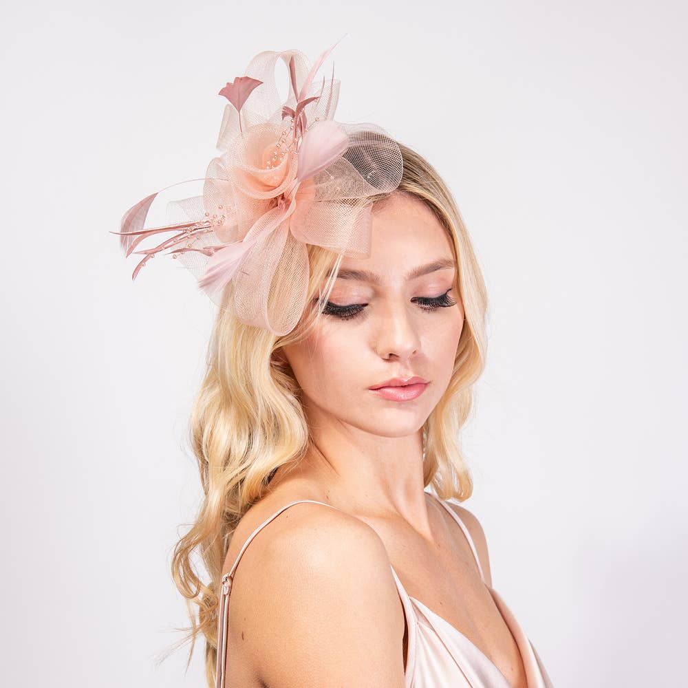 Sophia Feather & Double Floral Mesh Fascinator Headband/Clip