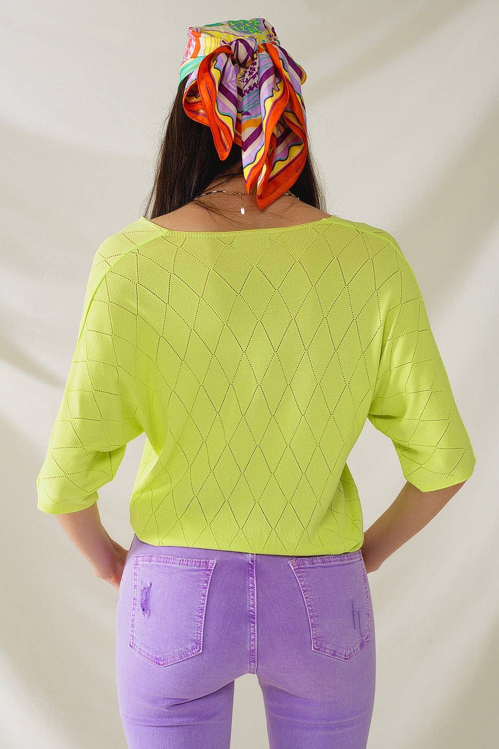 Q2 Lime Colored Short Sleeve Sweater With Argyle Pattern One Size