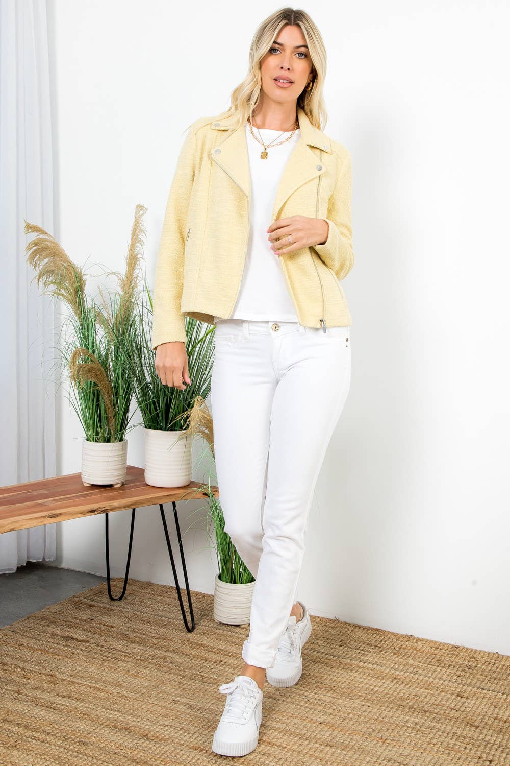 Solid Boucle Long Sleeve Moto Jacket