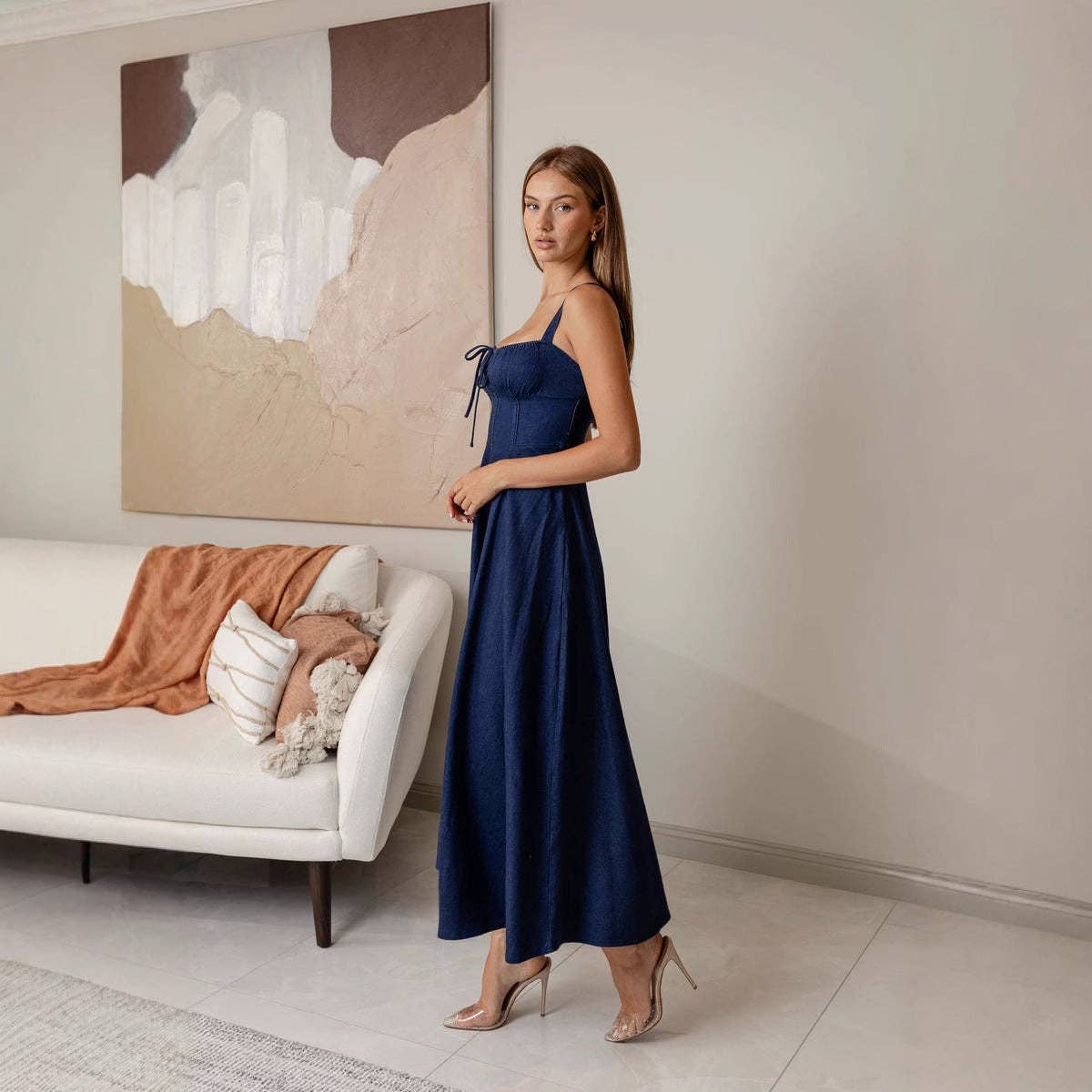 New Sleeveless Denim A-Line Dress with Open Back