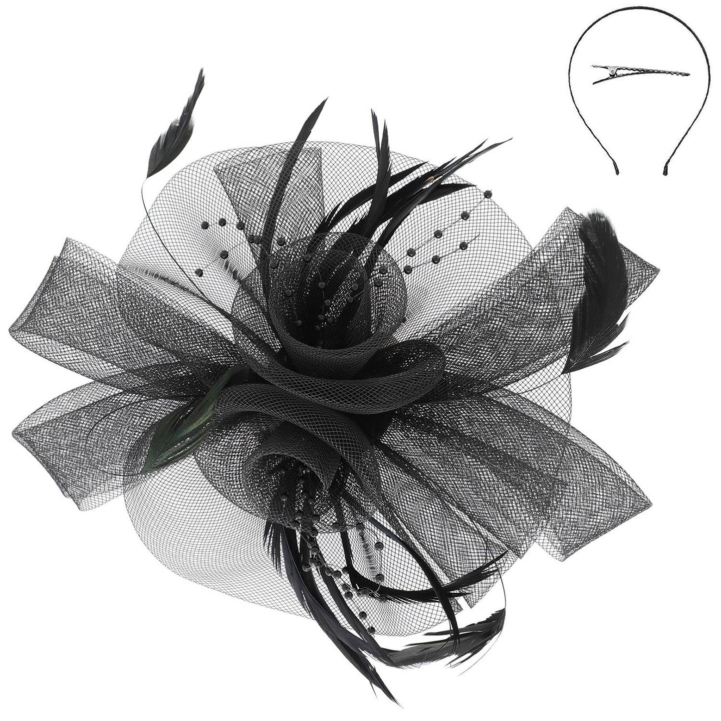 Sophia Feather & Double Floral Mesh Fascinator Headband/Clip