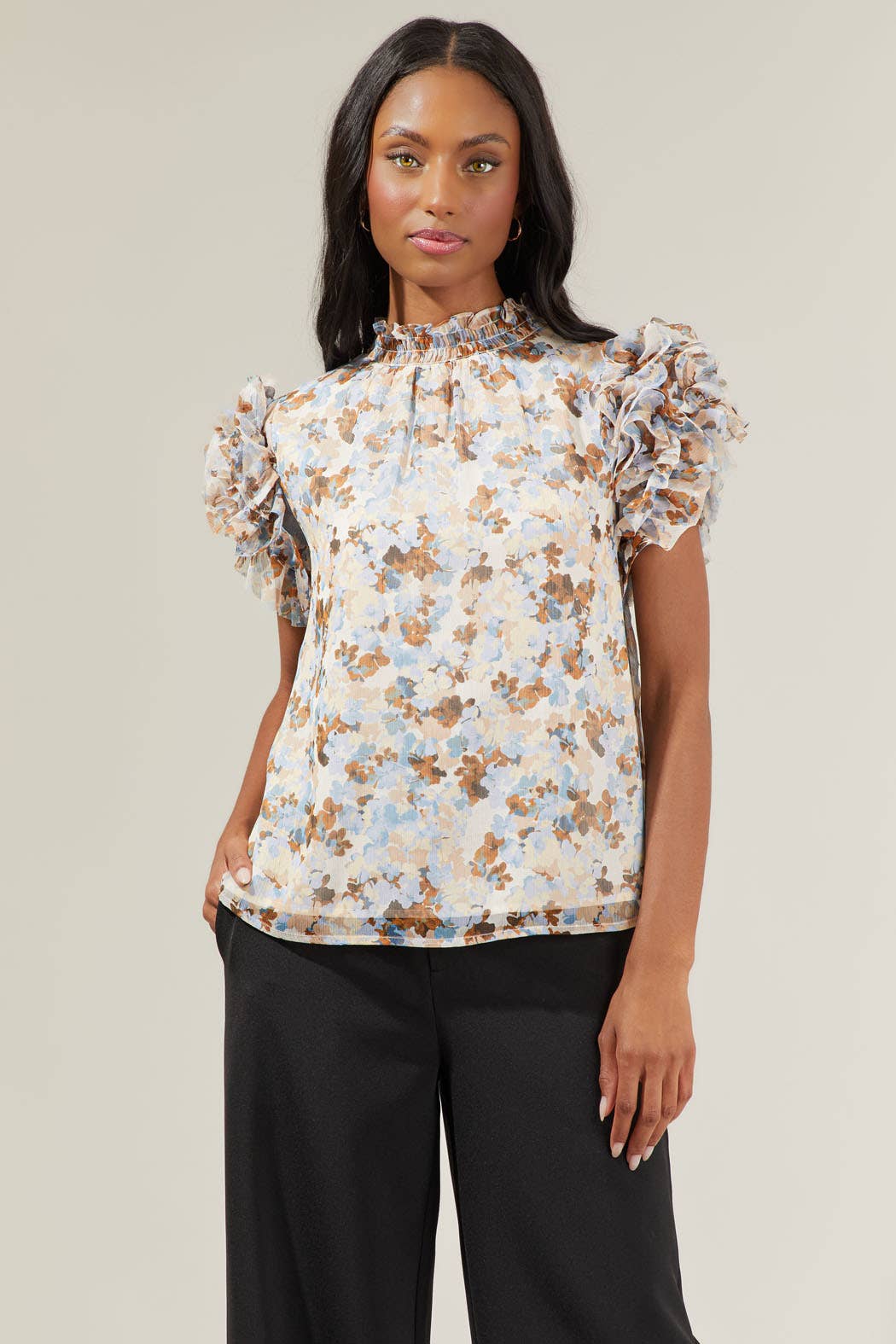 Sugar Luna Floral Brenna Mock Neck Ruffle Blouse