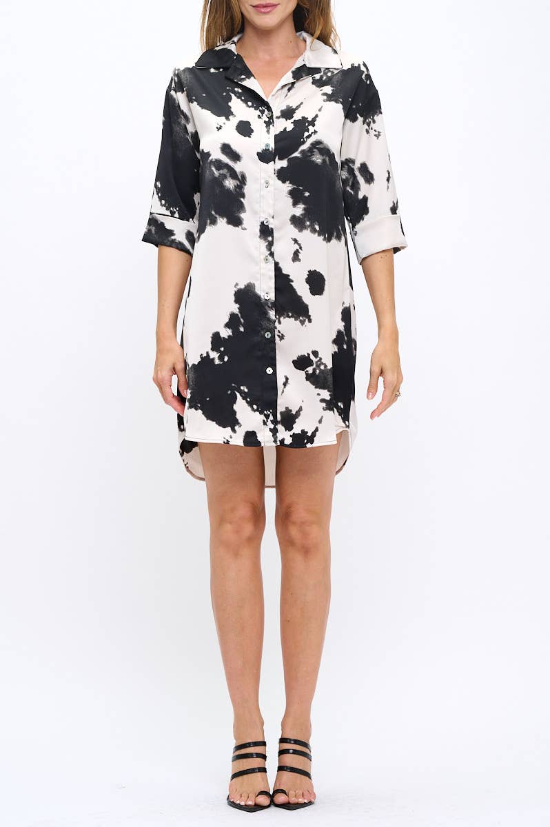 Renee C Made in USA Cow Print Collared Dress with Hi-Low Hem