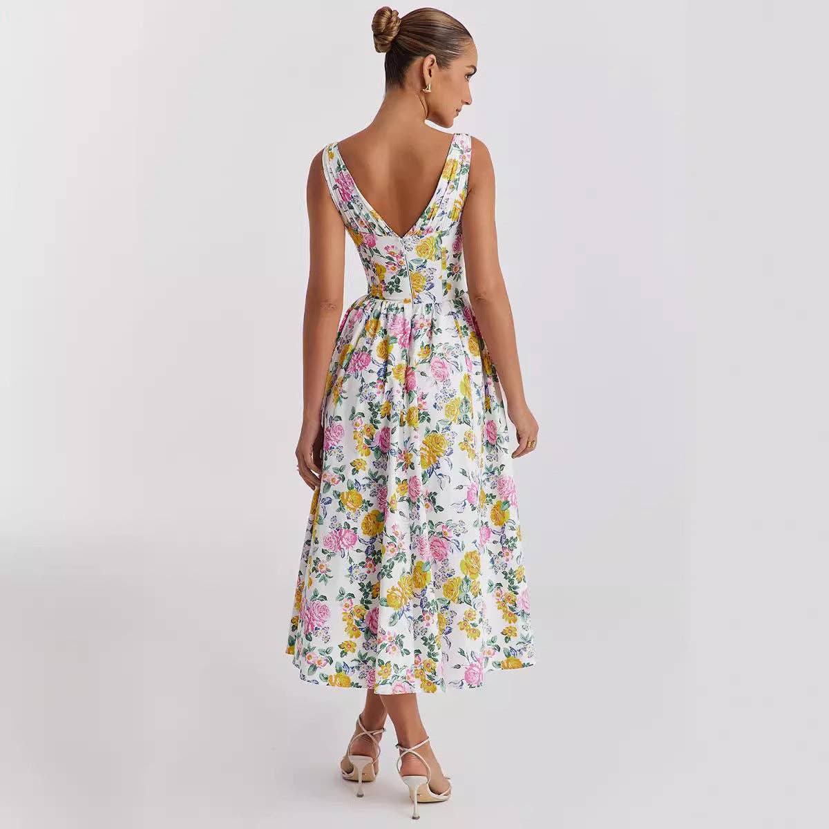 Floral V Neck Waist Cinch Sleeveless Midi Dress