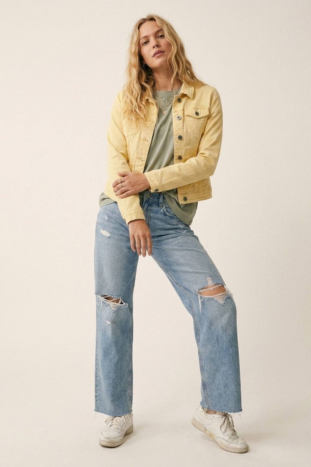 Q2 Butter Yellow Denim Jacket with Button-Front