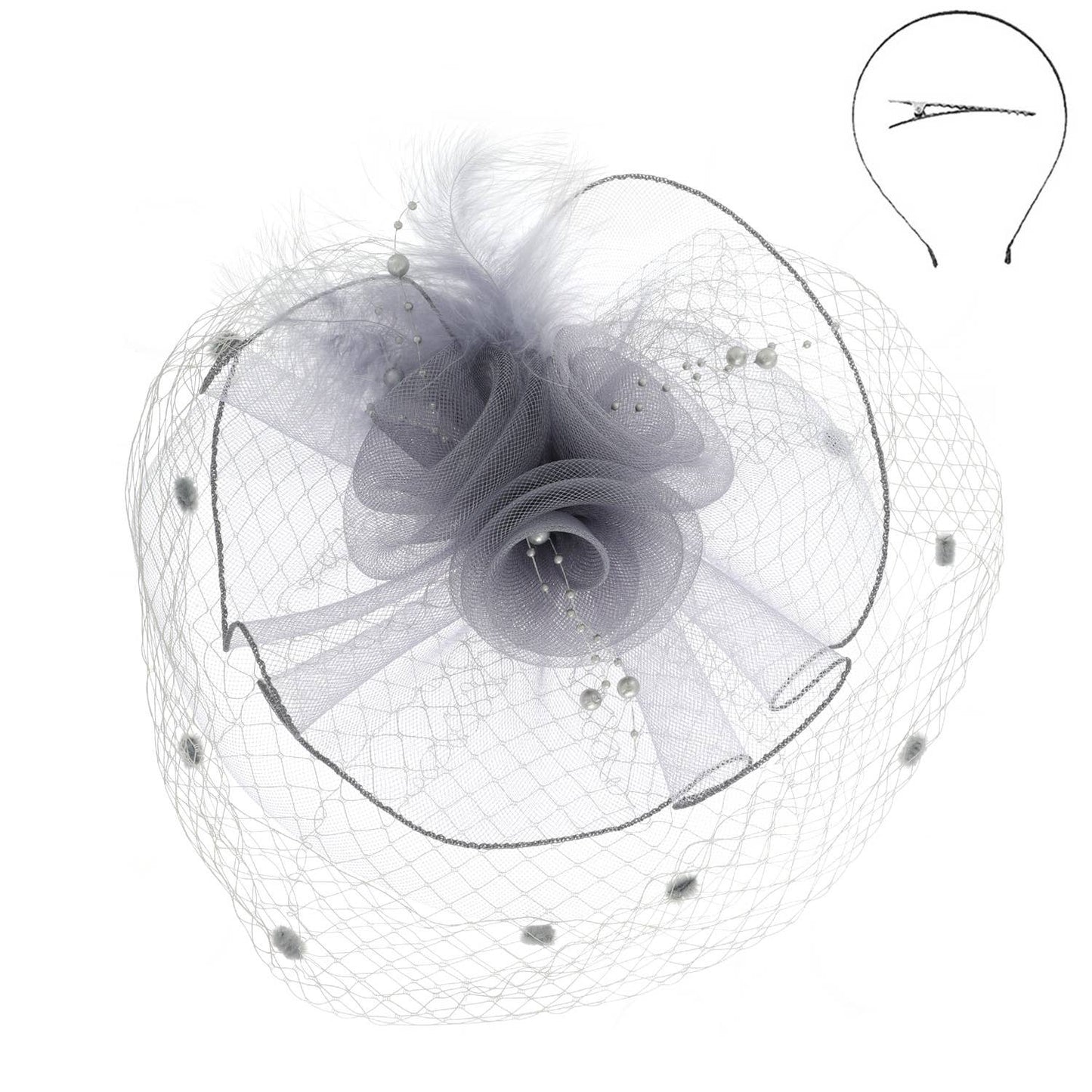 Sophia Double Rose Mesh w/ Dotted Veil & Feathers Fascinator