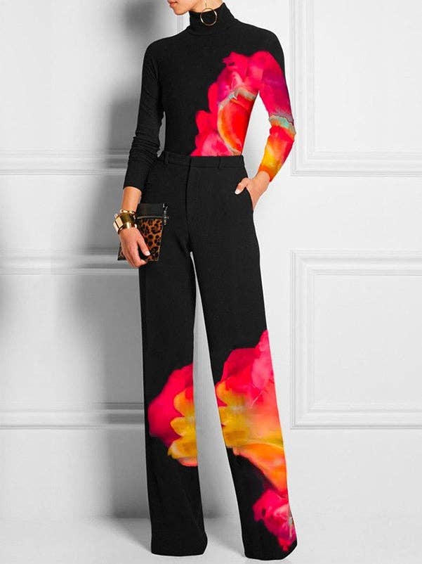 Contrast Color Printed Long Sleeves Skinny High Neck T-Shirt