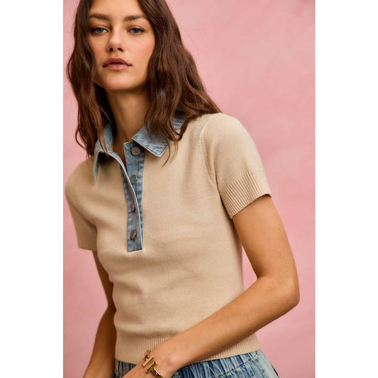 DENIM CONTRAST COLLARED SHORT SWEATER KNIT TOP