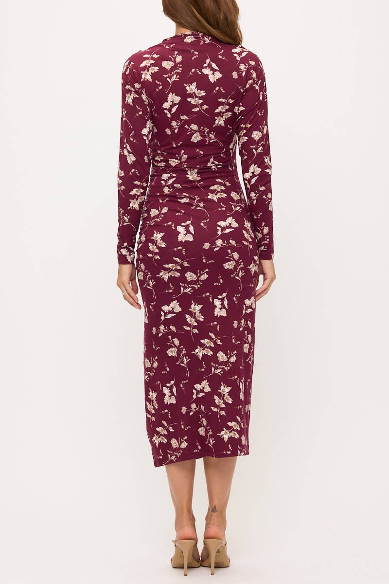 Renee C Made in USA Floral Long Sleeve Ruched Dress w Slit