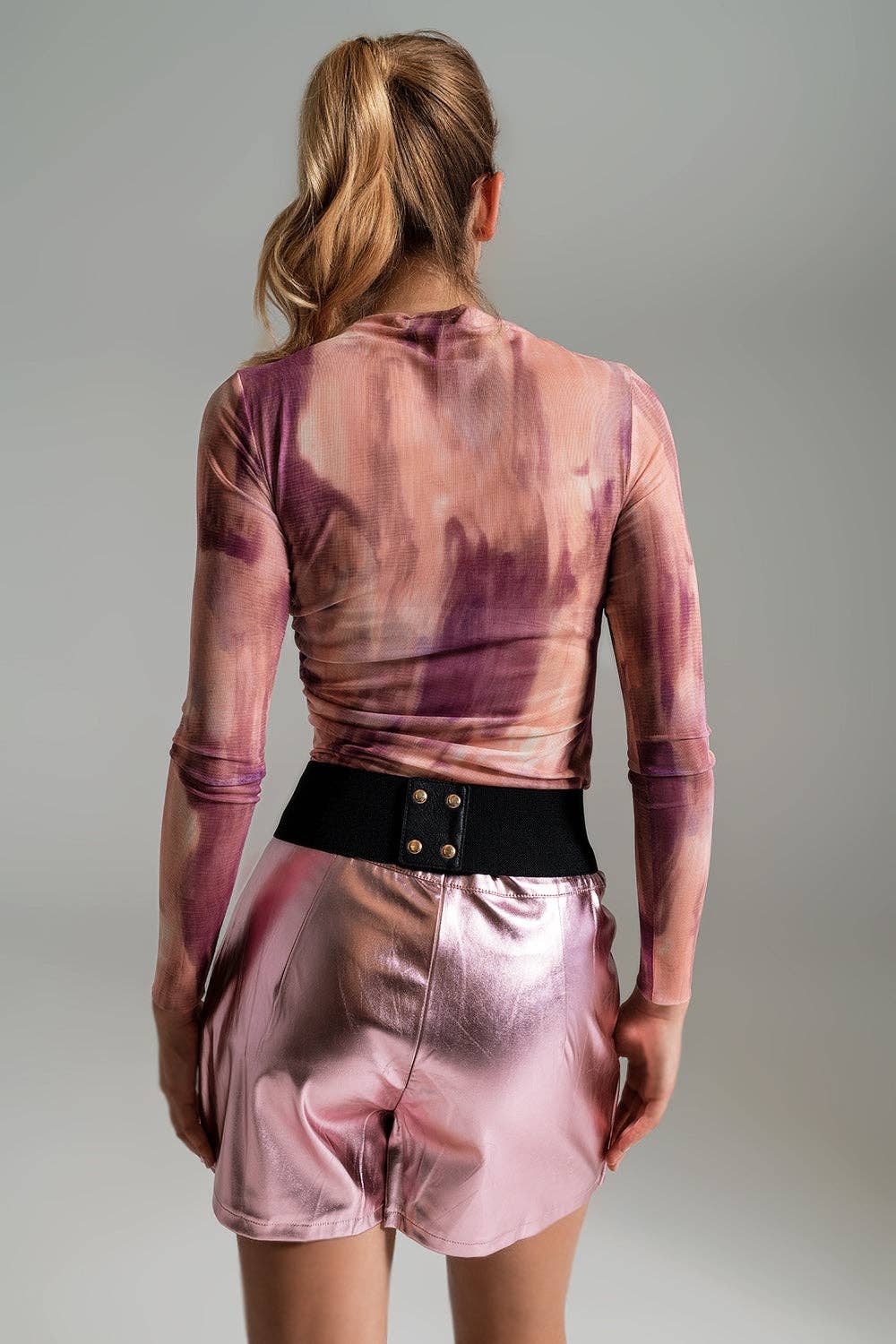 Q2 Mesh Top Rouched At The Side In Abstract Pink Print
