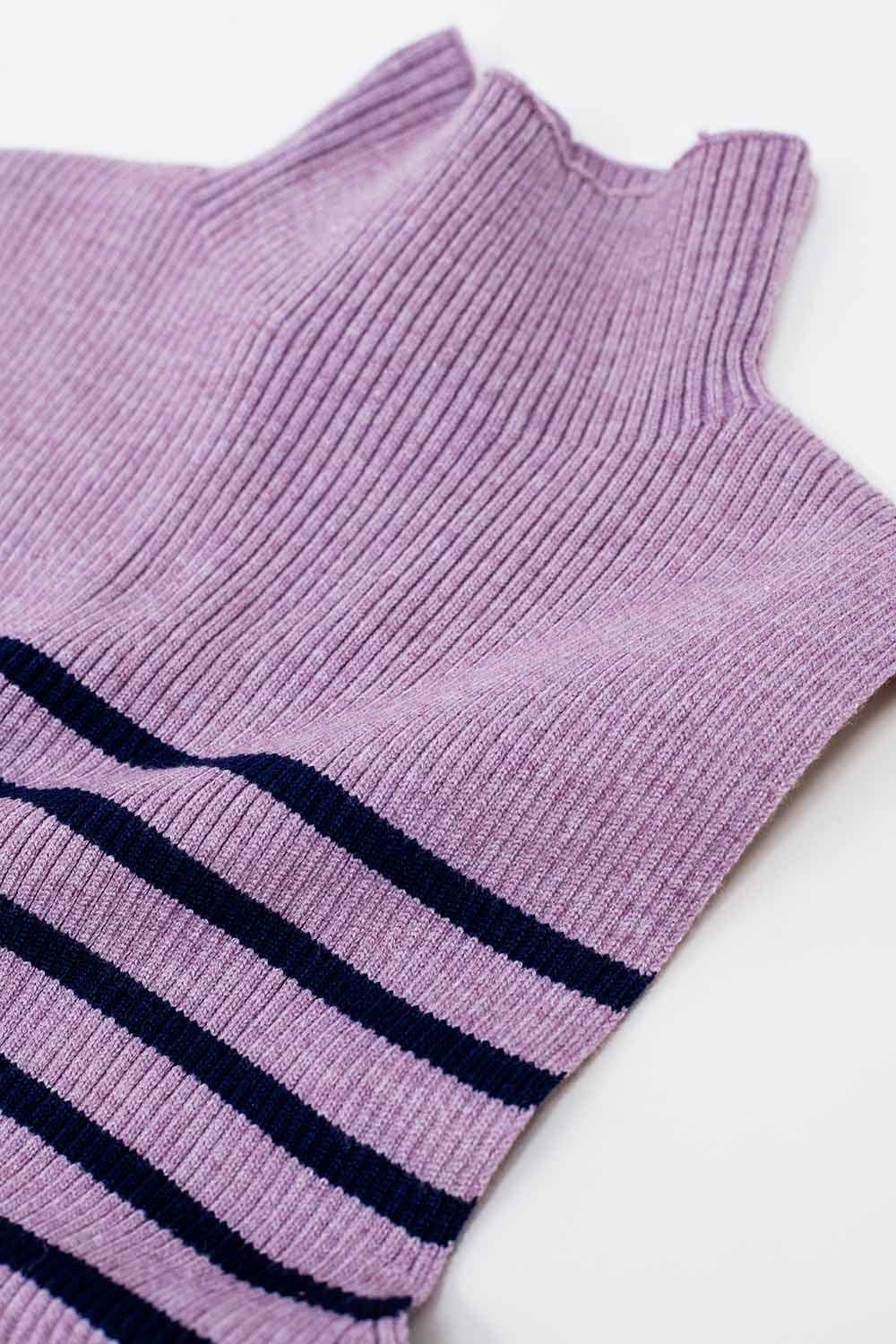 Q2 Striped Turtle Neck Tank Top In Lavander