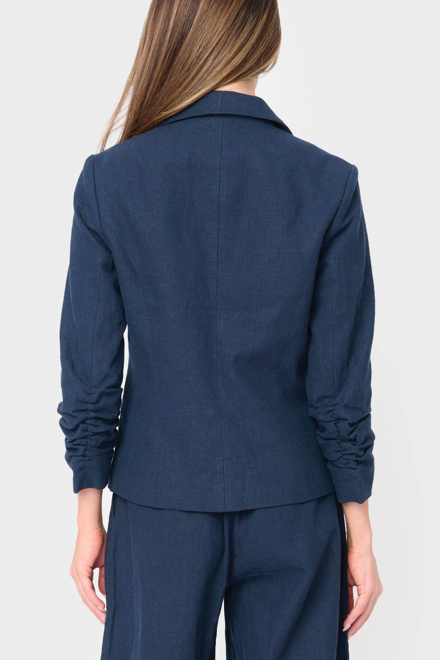 Gibson Notch Collar Linen Blazer with Rouched Sleeve