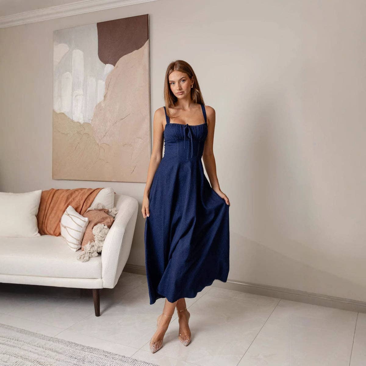 New Sleeveless Denim A-Line Dress with Open Back