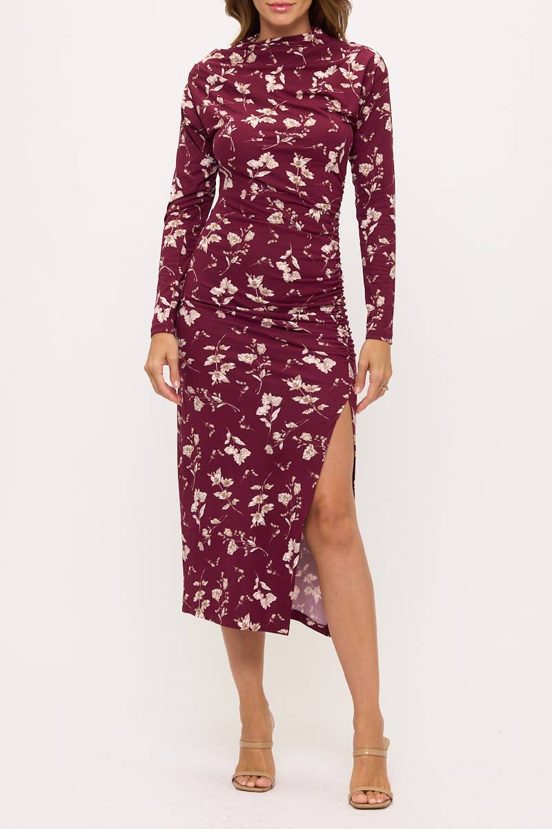 Renee C Made in USA Floral Long Sleeve Ruched Dress w Slit