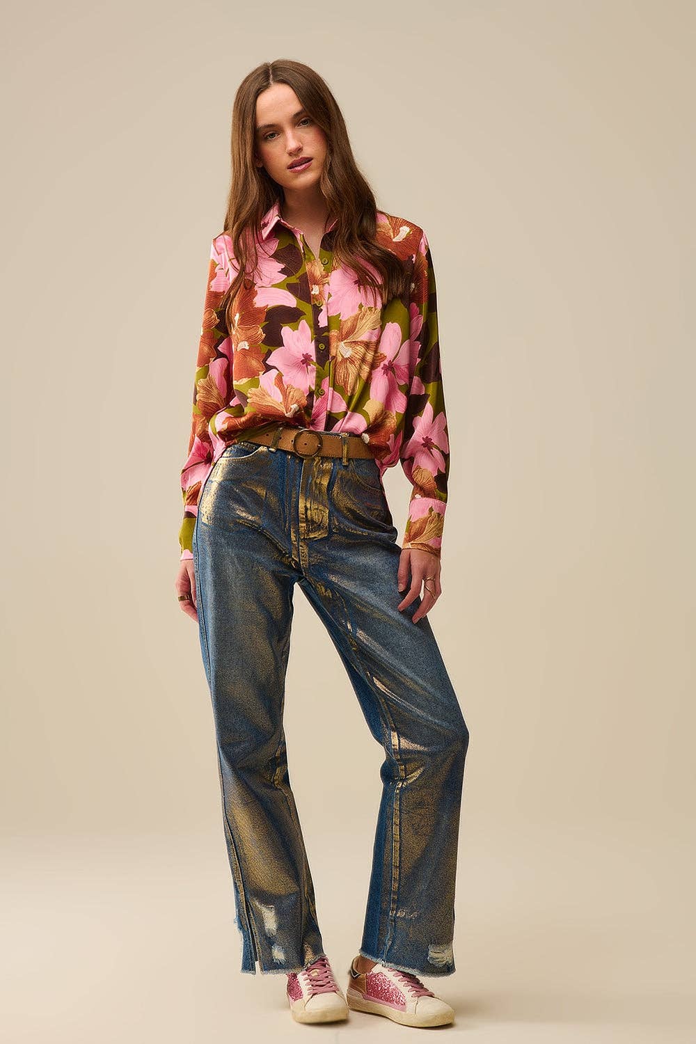 Q2 Satin Finish Tropical Floral Shirt in Olive Green