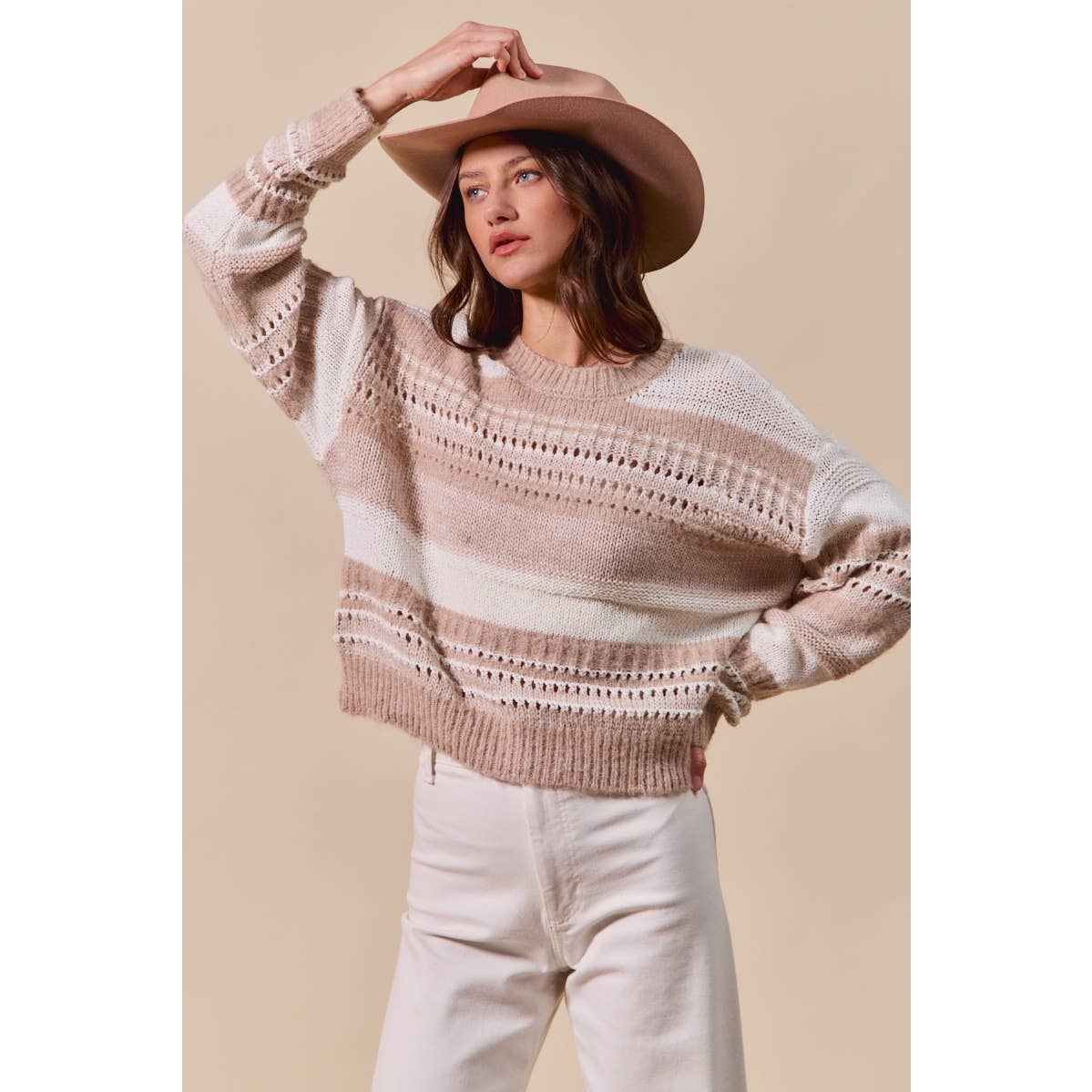 So Me VARIEGATED STRIPE TEXTURED LOOSE FIT SWEATER TOP