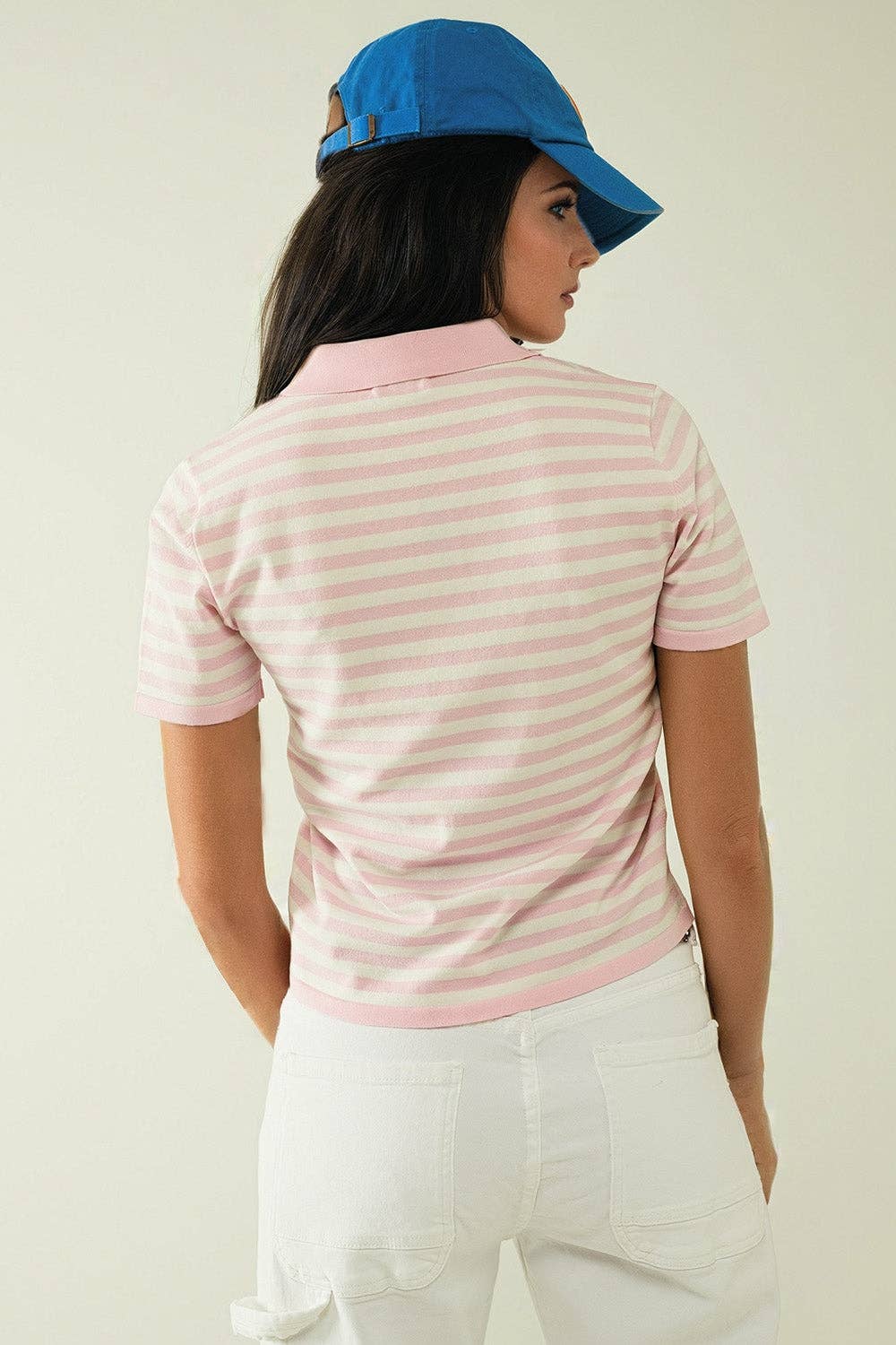 Q2 White short sleeves polo shirt with light pink stripes and f