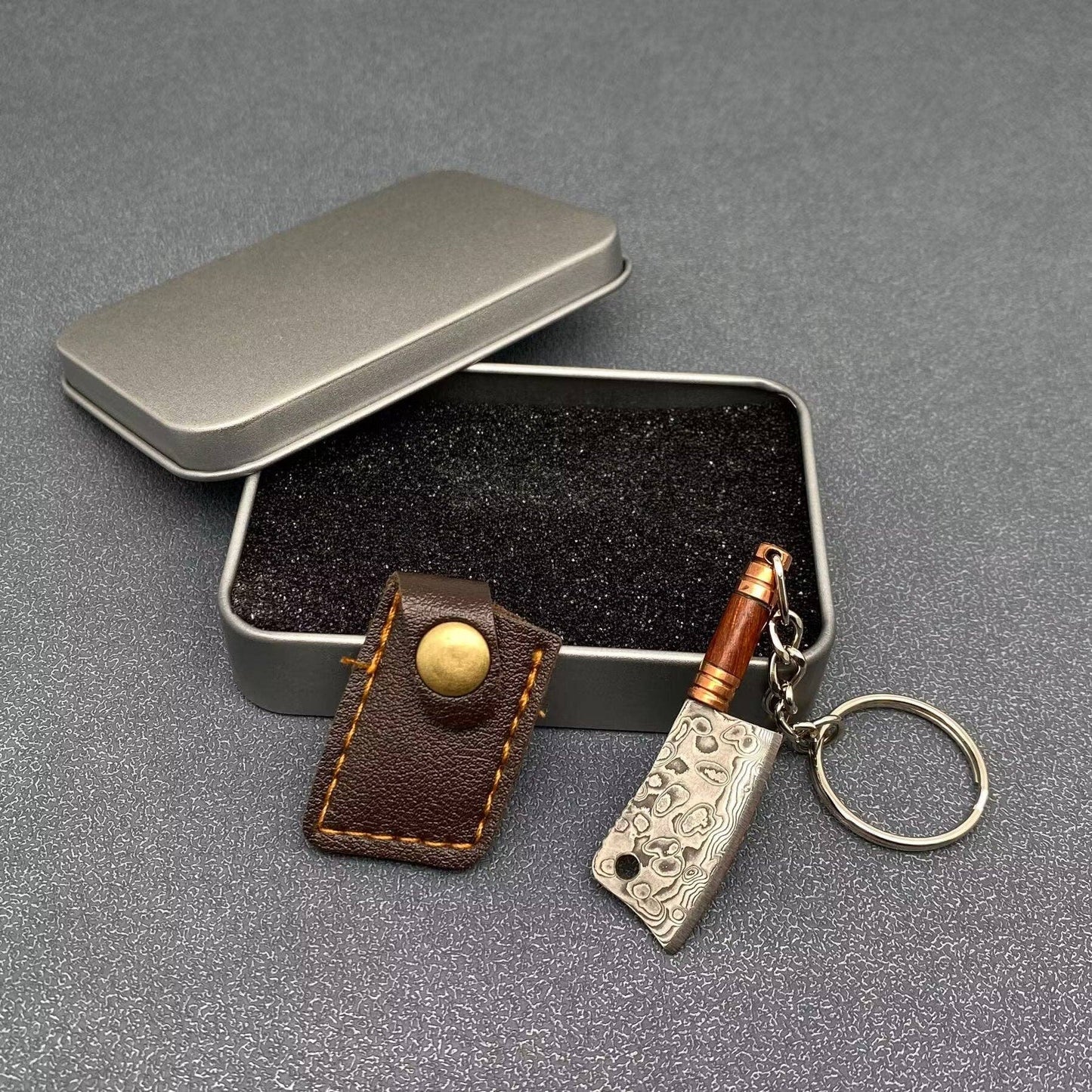 Damascus Blade Wooden Handle Portable Knife Keychain