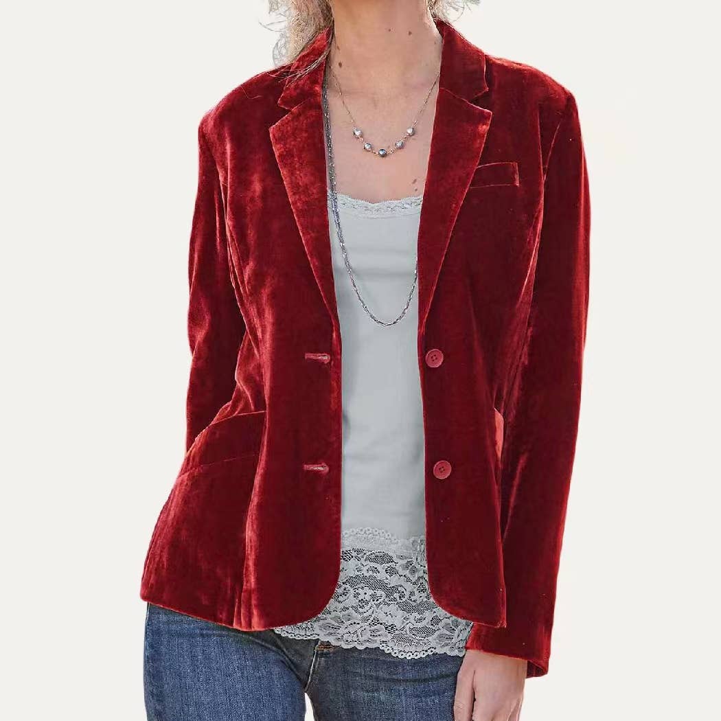 Classic Solid Velvet Collared Neck Long Sleeve Button Blazer