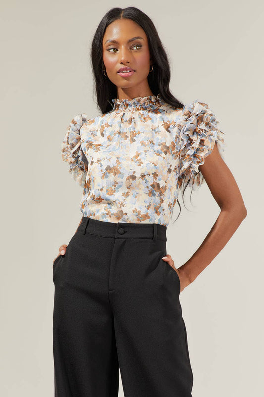 Sugar Luna Floral Brenna Mock Neck Ruffle Blouse