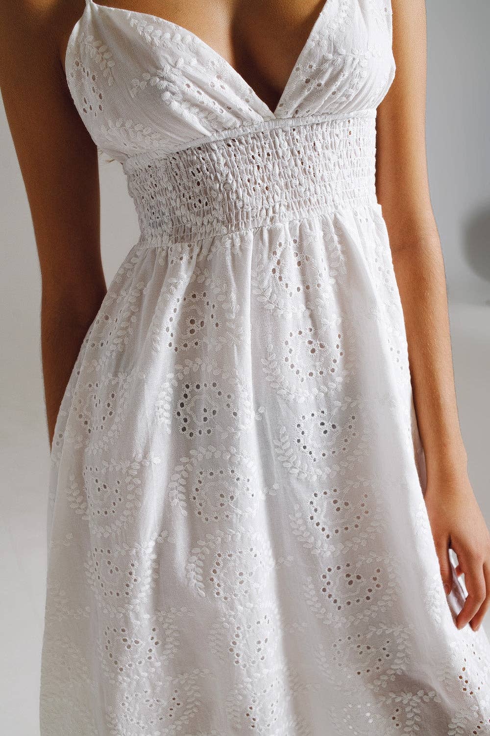 Q2 Long white crochet dress with fitted waist