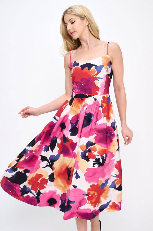 Made in USA Floral Print Midi Dress with Smock Back Detail