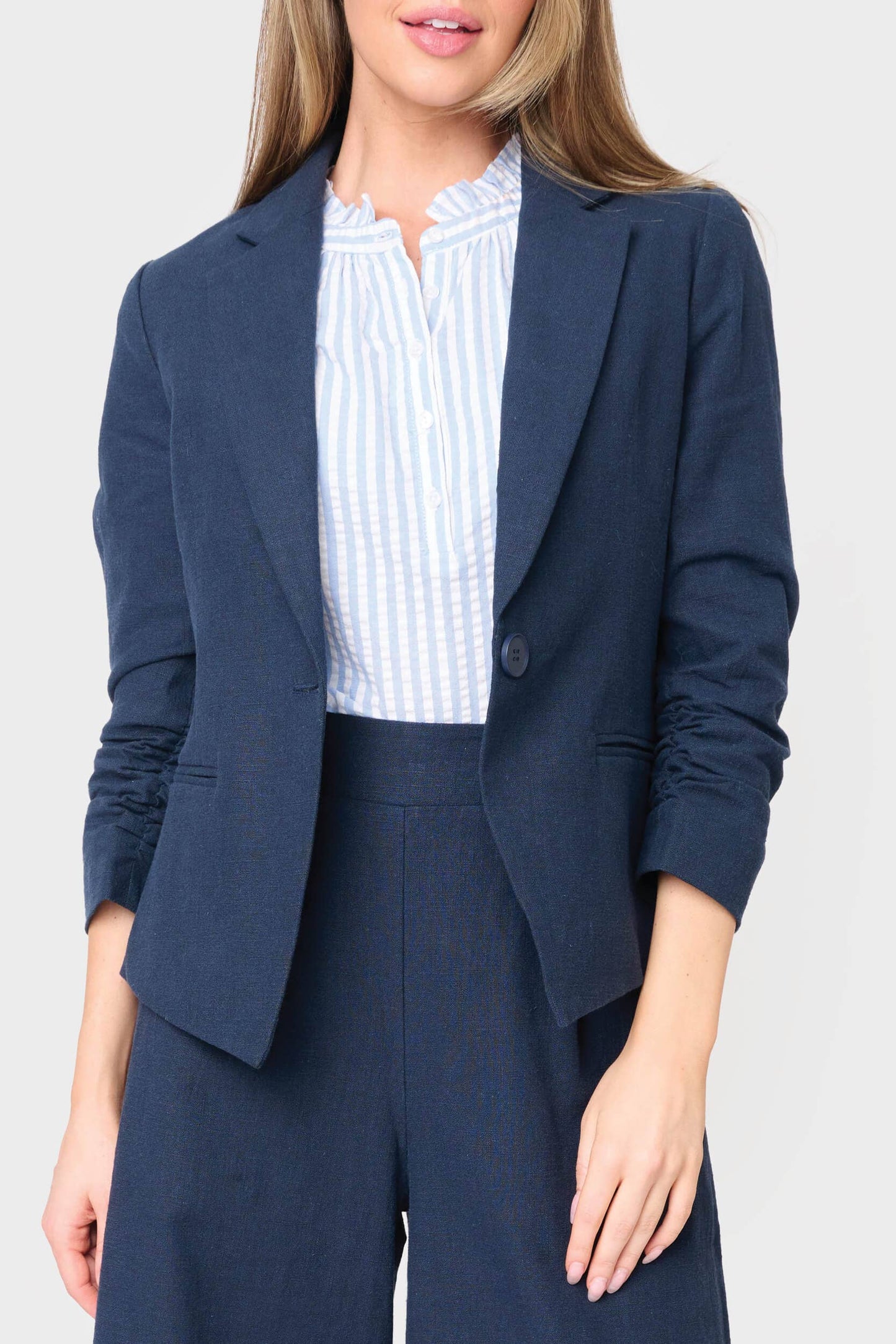 Gibson Notch Collar Linen Blazer with Rouched Sleeve