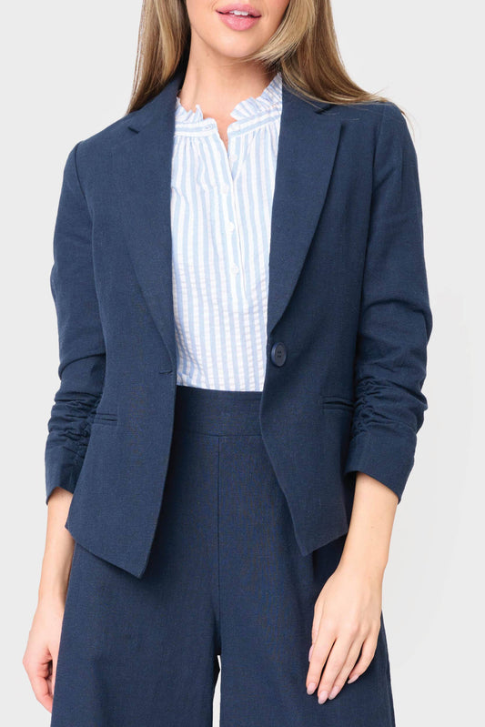 Gibson Notch Collar Linen Blazer with Rouched Sleeve