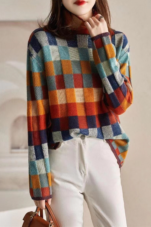 Mint Vibrant Colorful Checkerboard Knit Sweater