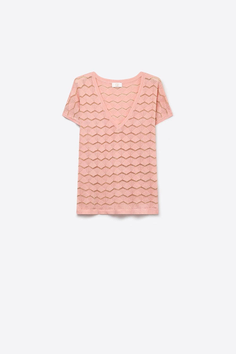 Q2 Light Pink Chevron Fine Knit V-Neck Short Sleeve Top