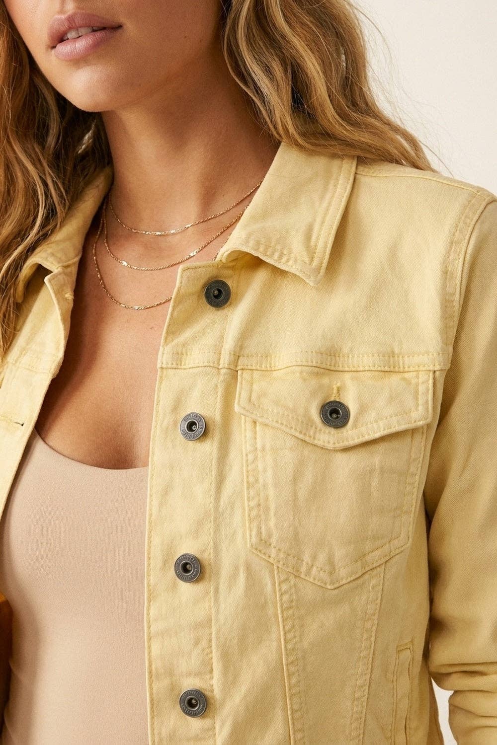 Q2 Butter Yellow Denim Jacket with Button-Front
