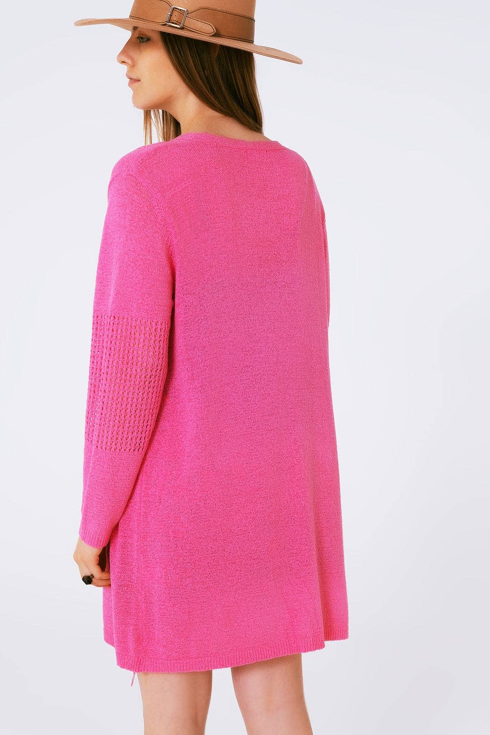 Q2 Midi Crochet Drawstring Cardigan in Pink