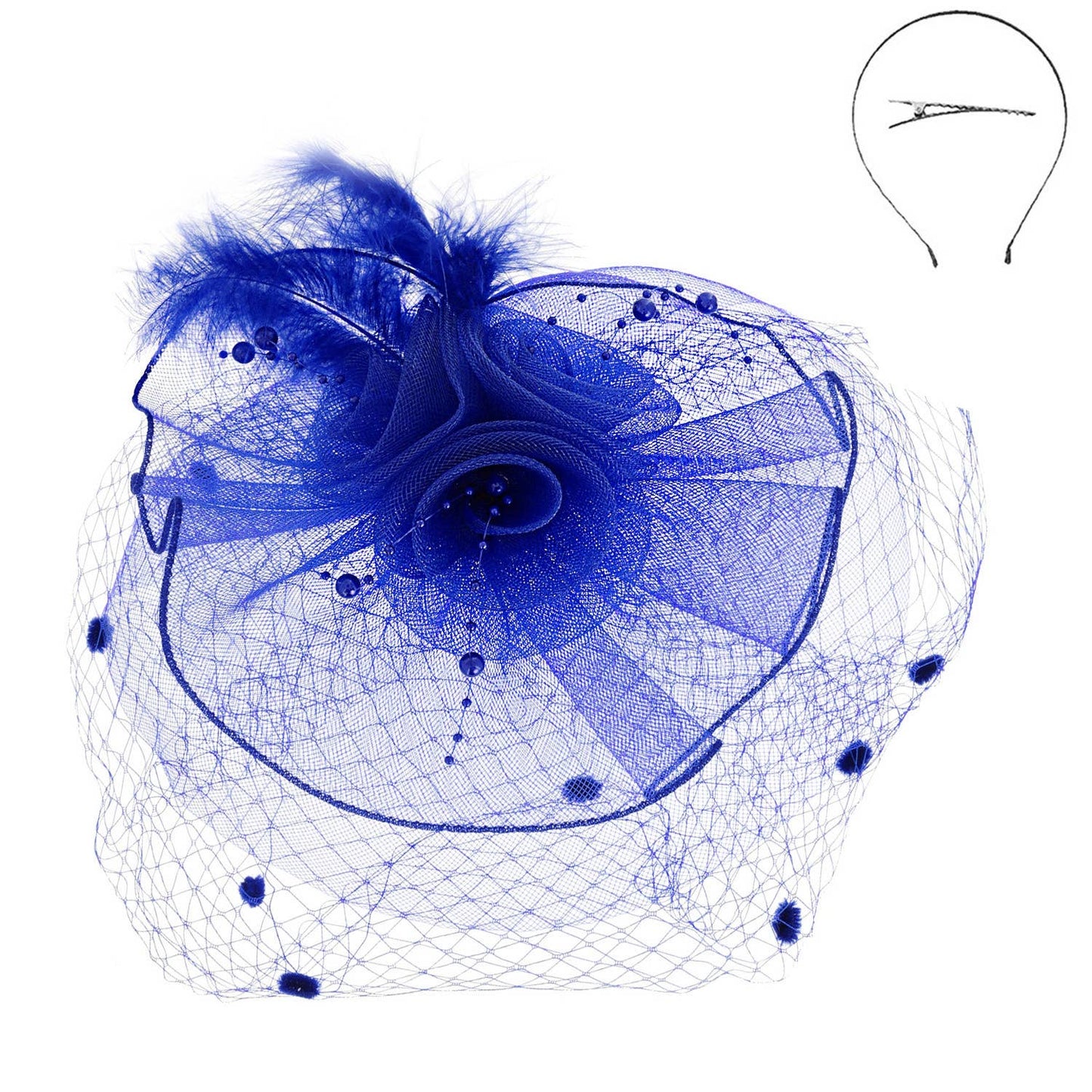 Sophia Double Rose Mesh w/ Dotted Veil & Feathers Fascinator