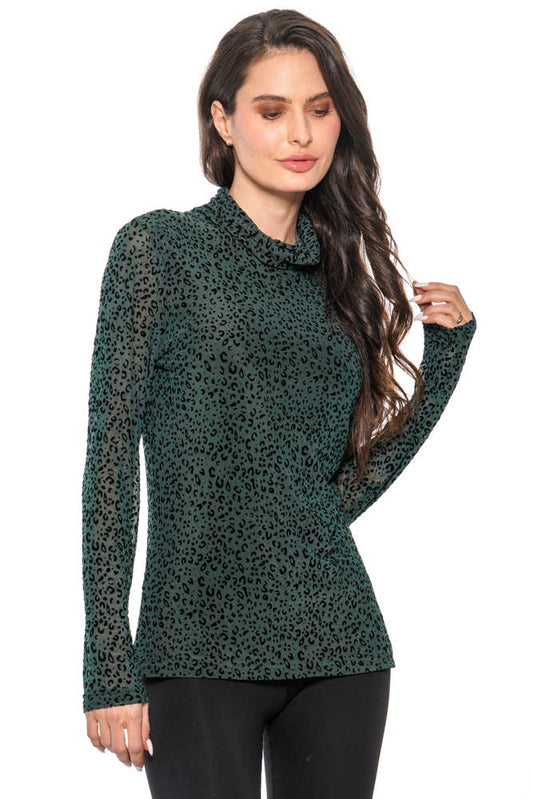 Adore – Velvet Burnout Leopard Mock Neck Top (Hunter Green